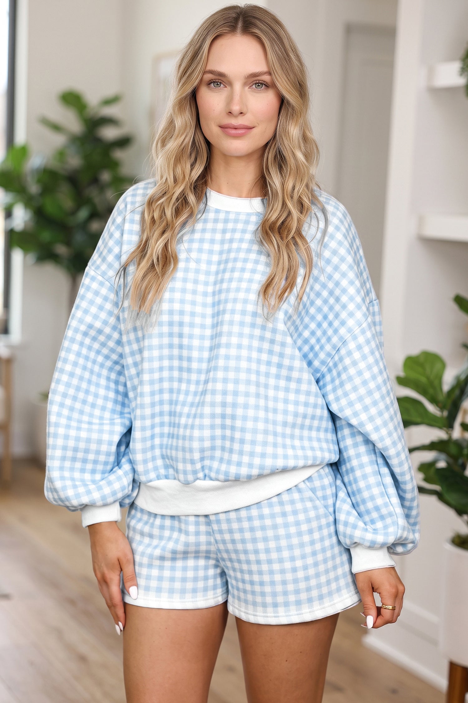 Sky Blue Plaid Baggy Pullover Drawstring Casual Shorts 2pcs Outfit