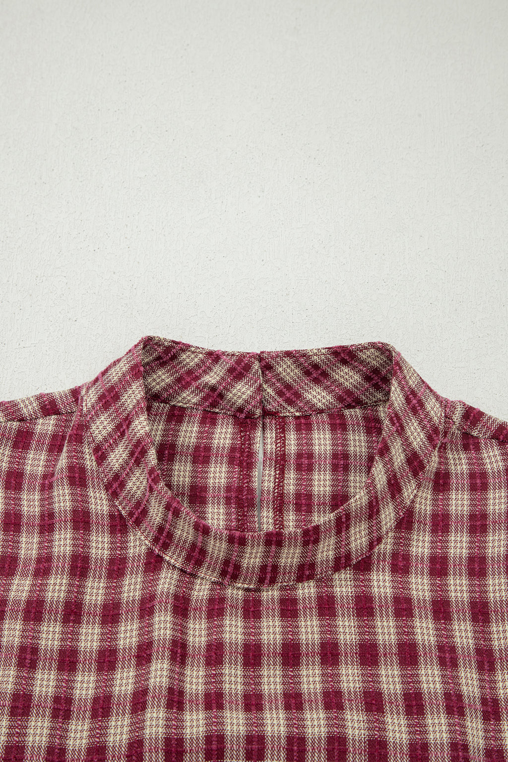 Coral Country Plaid Long Sleeve Button Keyhole Pleated Loose Blouse