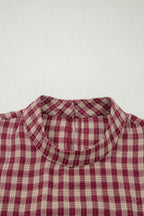 Coral Country Plaid Long Sleeve Button Keyhole Pleated Loose Blouse