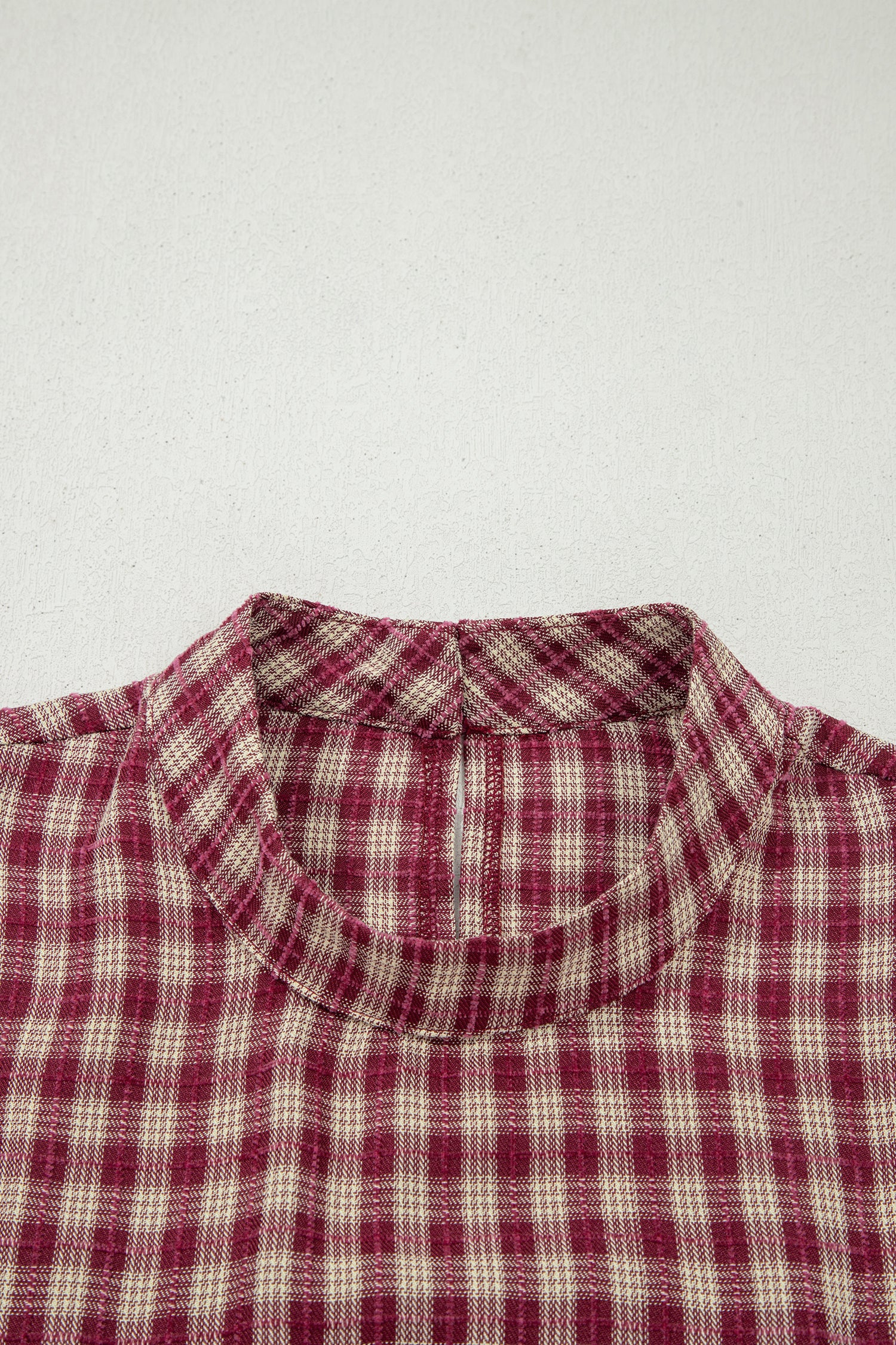 Coral Country Plaid Long Sleeve Button Keyhole Pleated Loose Blouse