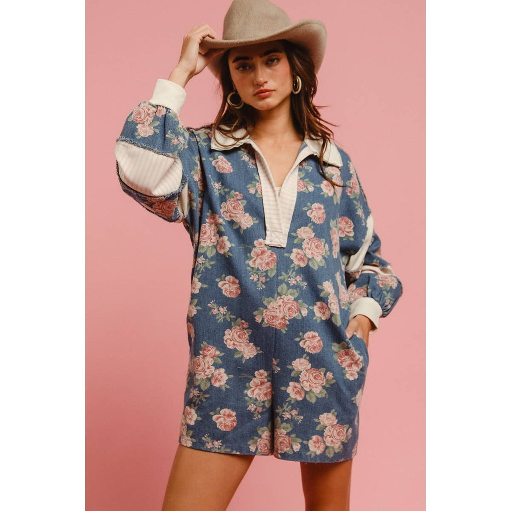 WASHED FLORAL DENIM ROMPER WITH CONTRAST COLLAR