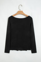 Black Lace Trim Elegant Neckline Long Sleeve Slim Top