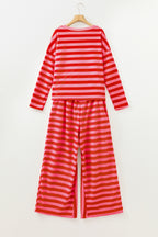 Red Stripe Dear-Lover two-piece drop shoulder pullover and loose pants set, casual loungewear with relaxed fit and bold stripe design.