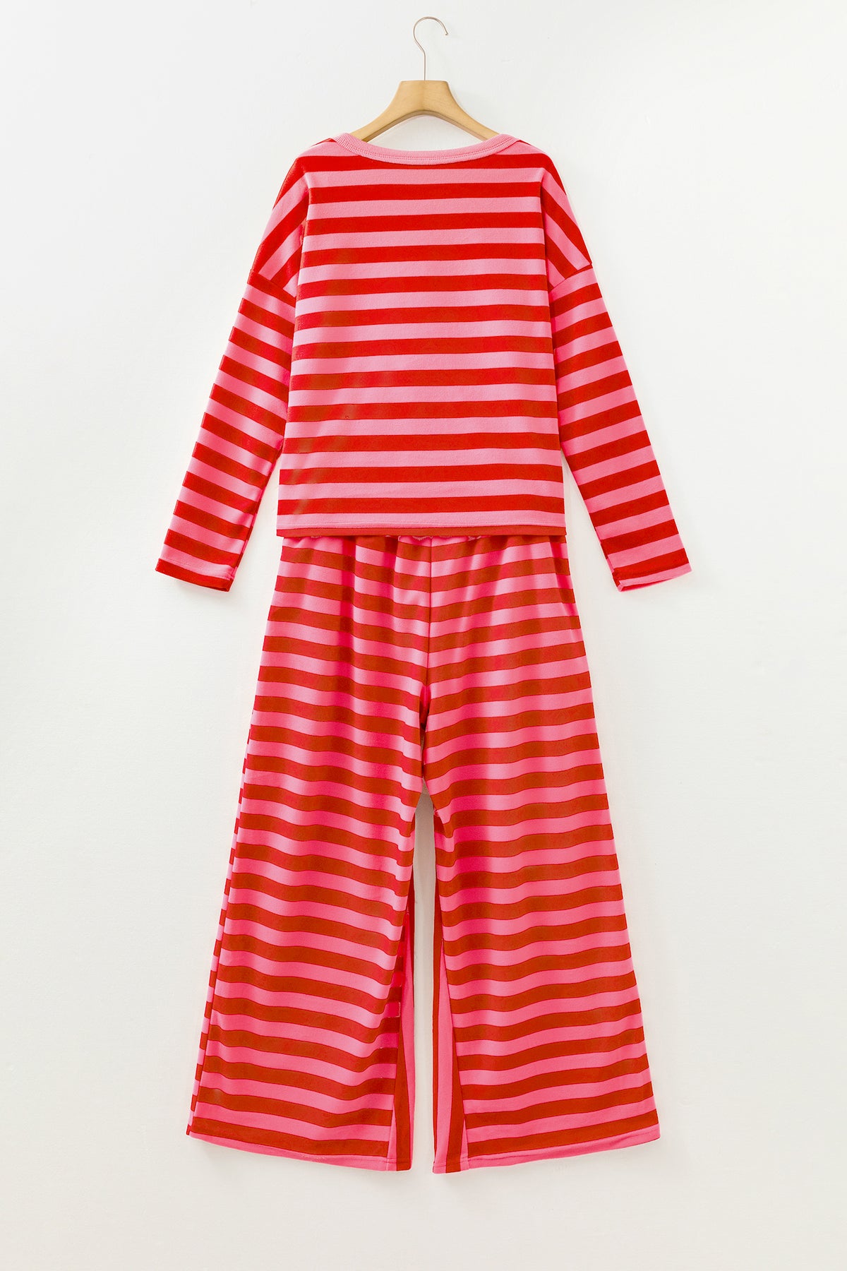 Red Stripe Dear-Lover two-piece drop shoulder pullover and loose pants set, casual loungewear with relaxed fit and bold stripe design.