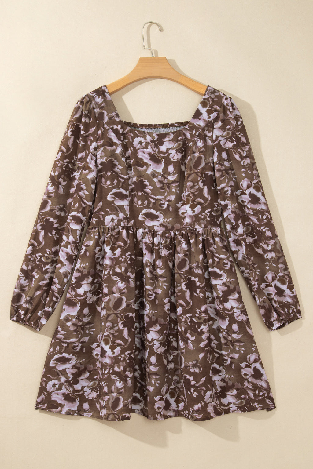 Brown Abstract Floral Print Square Neck Long Sleeve Mini Shift Dress