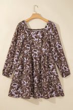 Brown Abstract Floral Print Square Neck Long Sleeve Mini Shift Dress