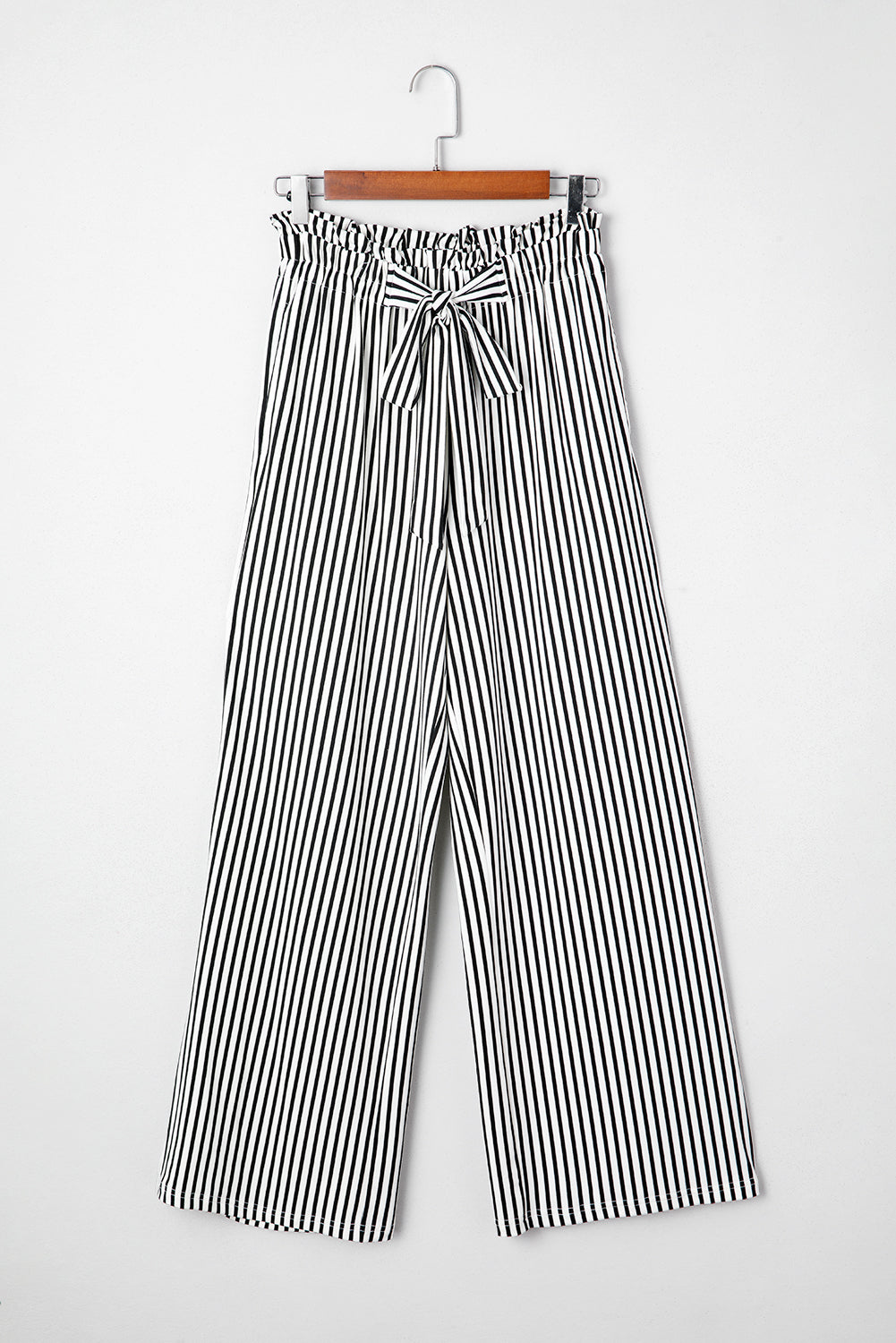 Black Stripe Tied High Waist Loose Straight Casual Pants