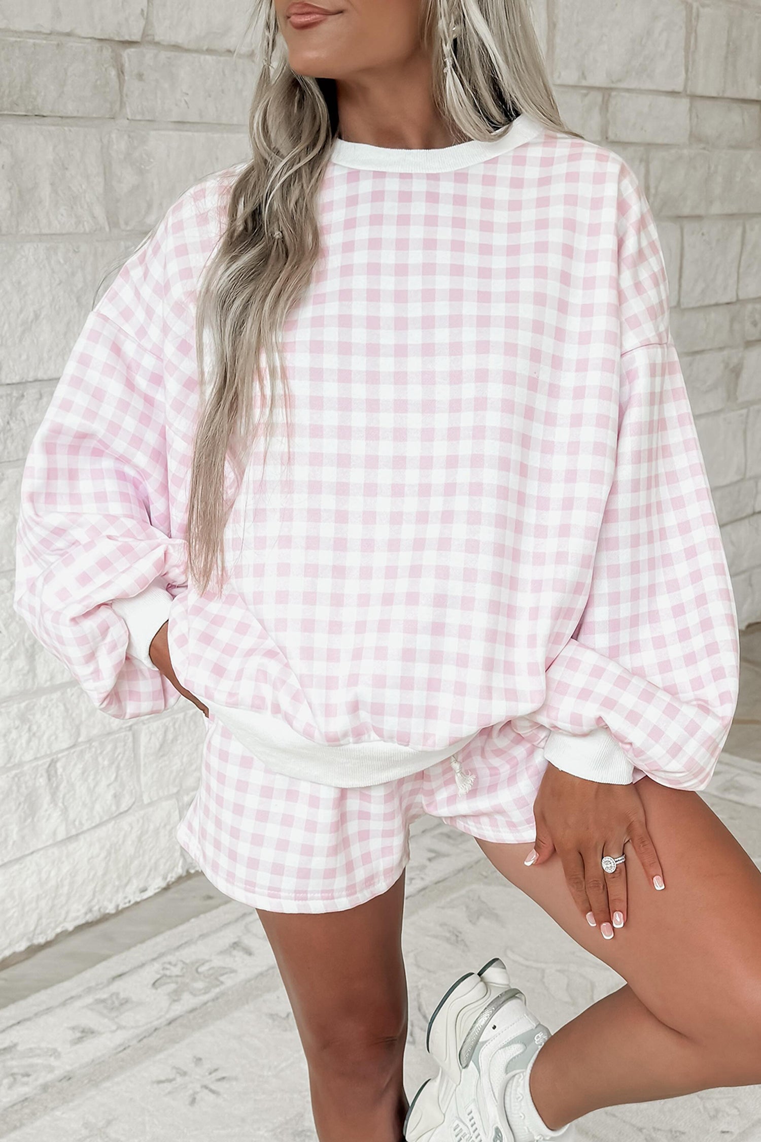 Sky Blue Plaid Baggy Pullover Drawstring Casual Shorts 2pcs Outfit