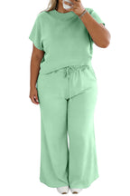 Mist Blue Solid Color Ribbed Trim Short Sleeve Top Drawstring Loose Pants 2pcs Outfit