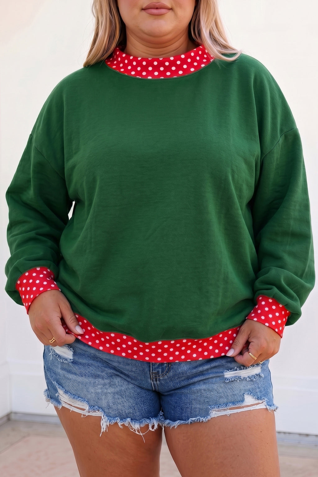 Polka Dot Patchwork Round Neck Plus Size Sweatshirt