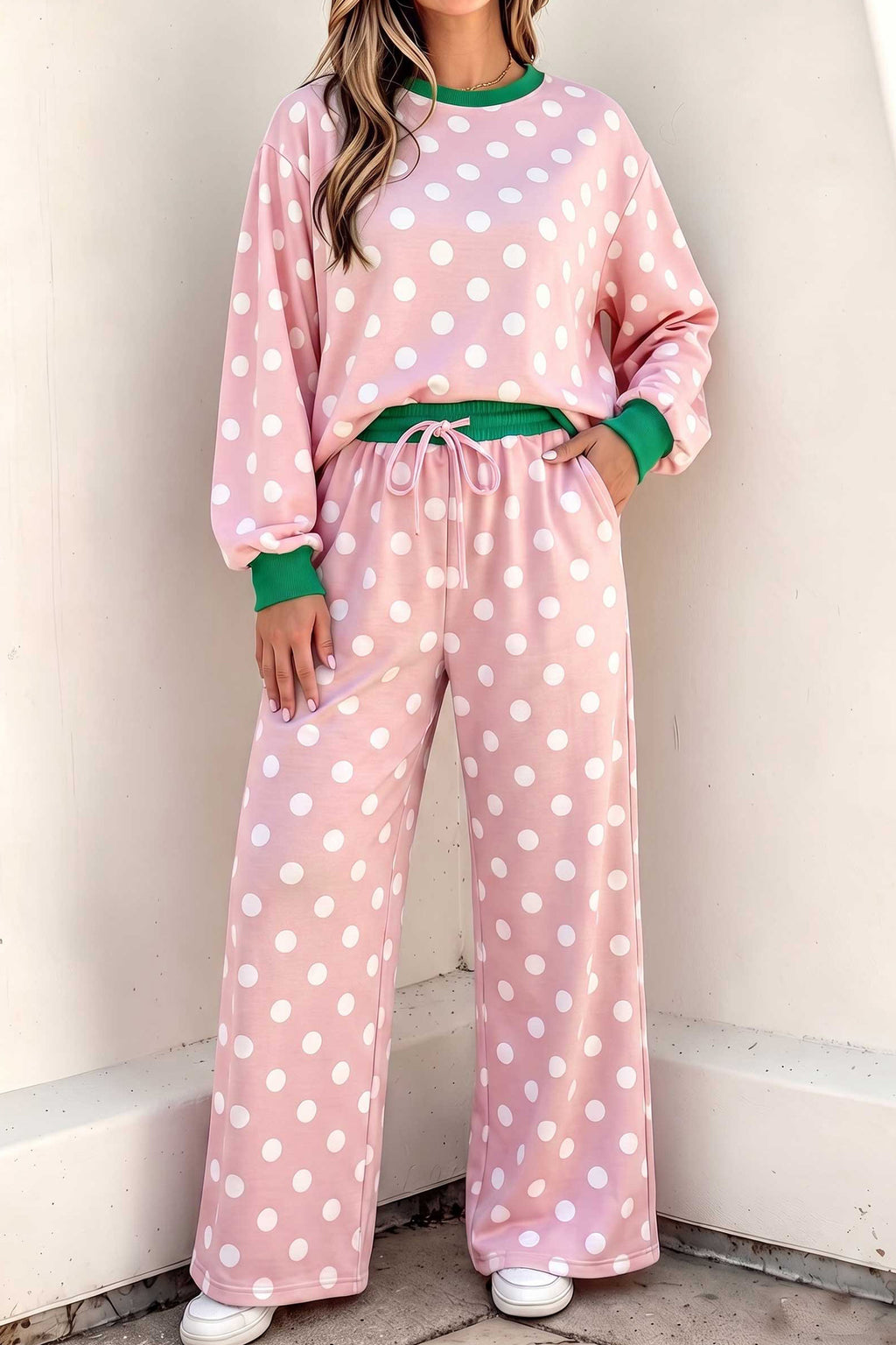 Pink polka dot contrast trim long sleeve top and drawstring shift pants set by Dear-Lover, casual two-piece outfit.