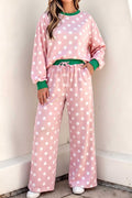Pink polka dot contrast trim long sleeve top and drawstring shift pants set by Dear-Lover, casual two-piece outfit.