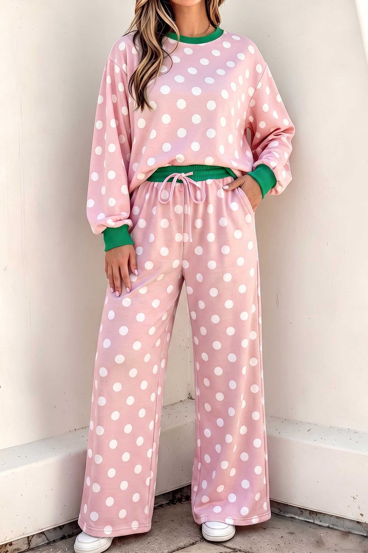 Pink polka dot contrast trim long sleeve top and drawstring shift pants set by Dear-Lover, casual two-piece outfit.