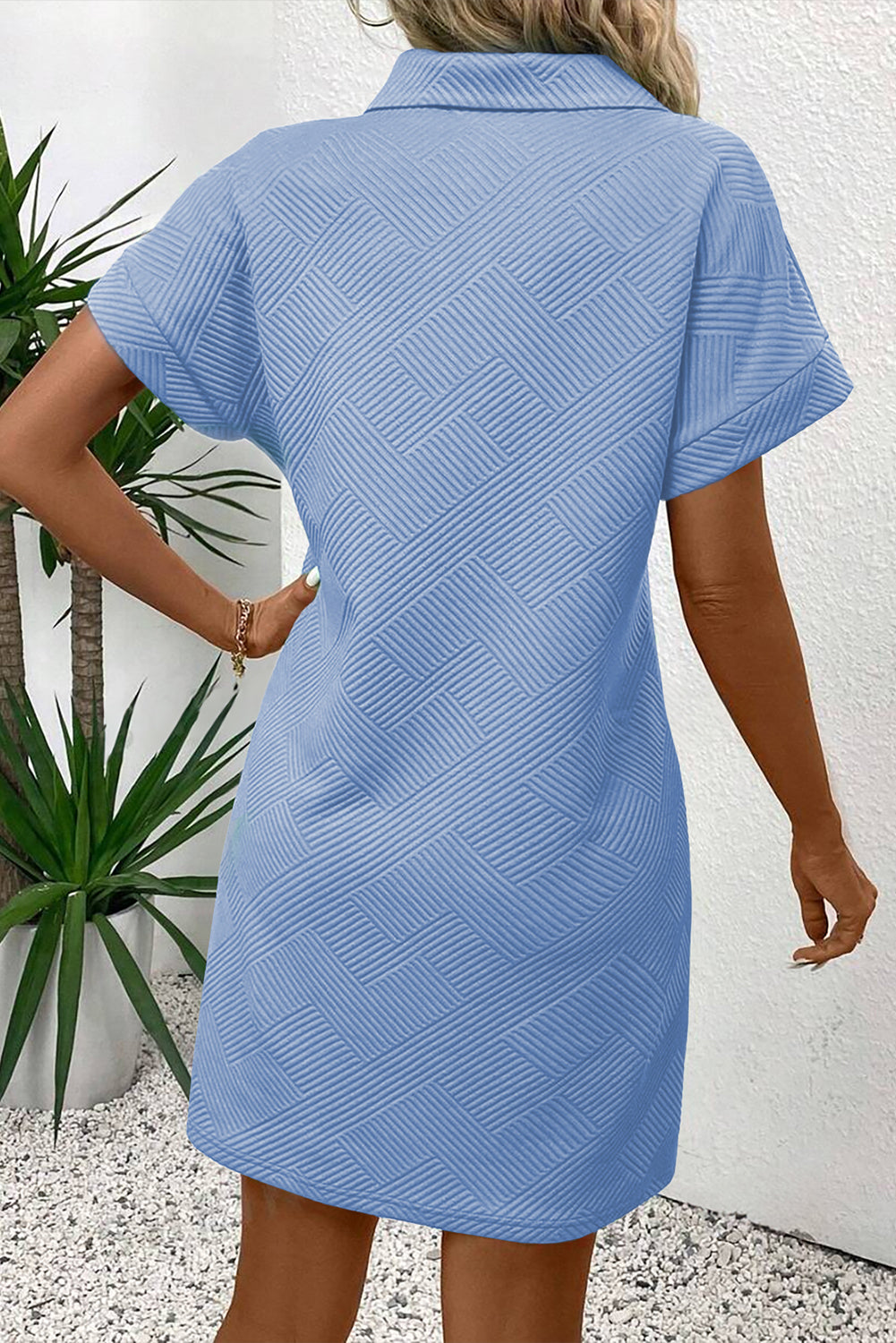 Solid Color Textured Short Sleeve A Line Mini Dress