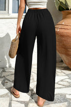 Color black Solid Color Textured Crossed Waist Loose Pants
