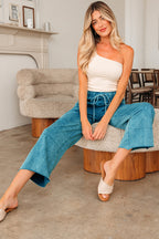 Lapis Mineral Wash Lace-up High Waist Raw Hem Patched Pocket Pants
