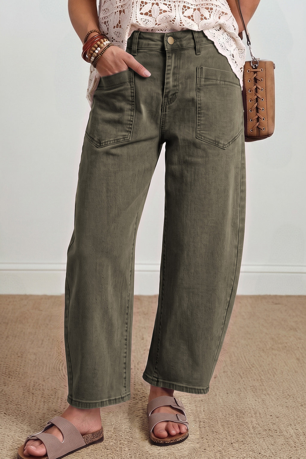 Color Square Patch Pocket Ankle-length Barrel Jeans