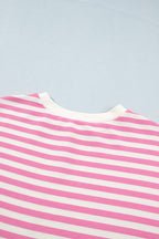 Pink Striped Long Sleeve Crew Neck Drawstring Waist Shorts Set