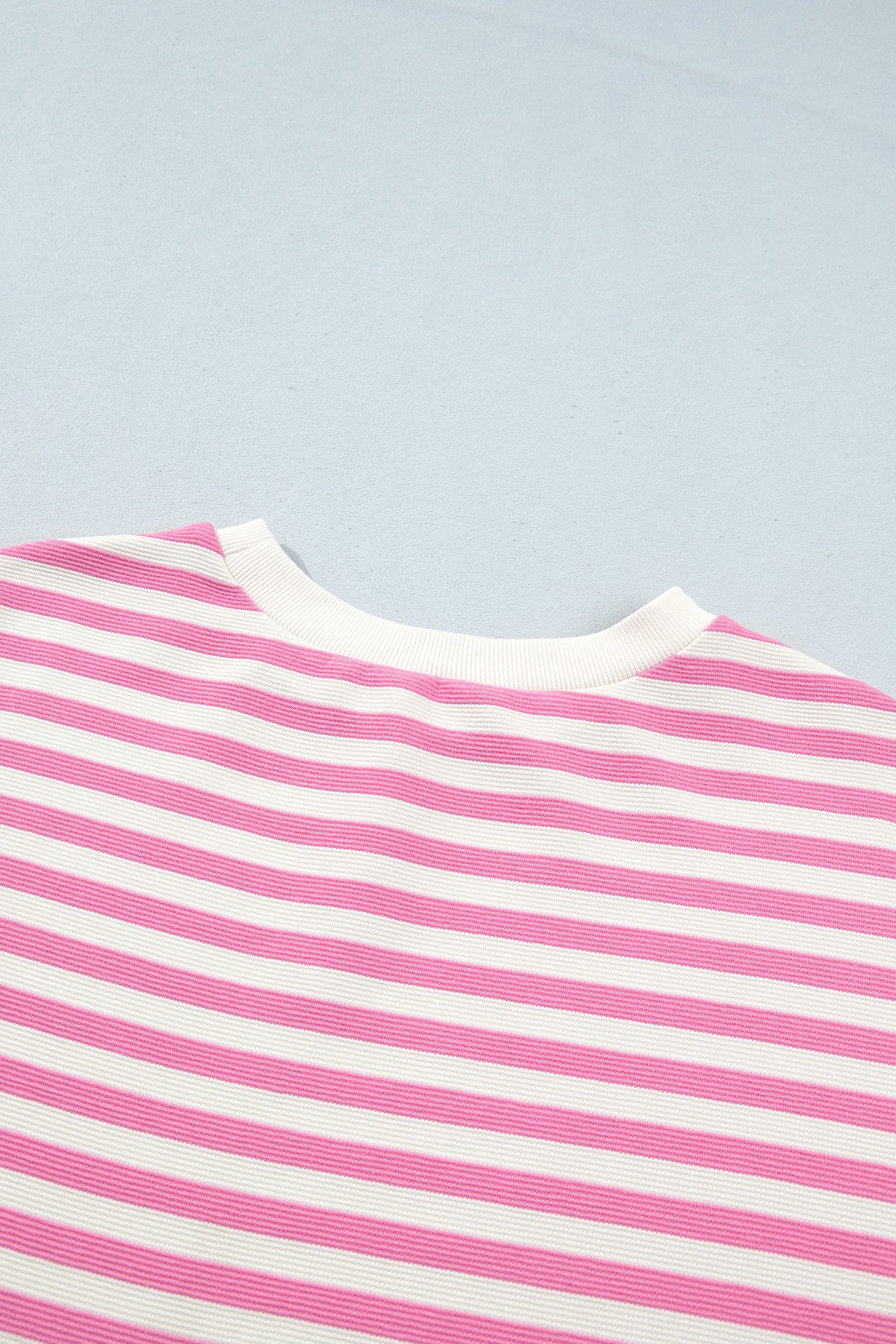 Pink Striped Long Sleeve Crew Neck Drawstring Waist Shorts Set