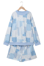 Sky Blue Patchwork Floral Print Stand Neck Long Sleeve Two-piece Outfit Plus Size Set