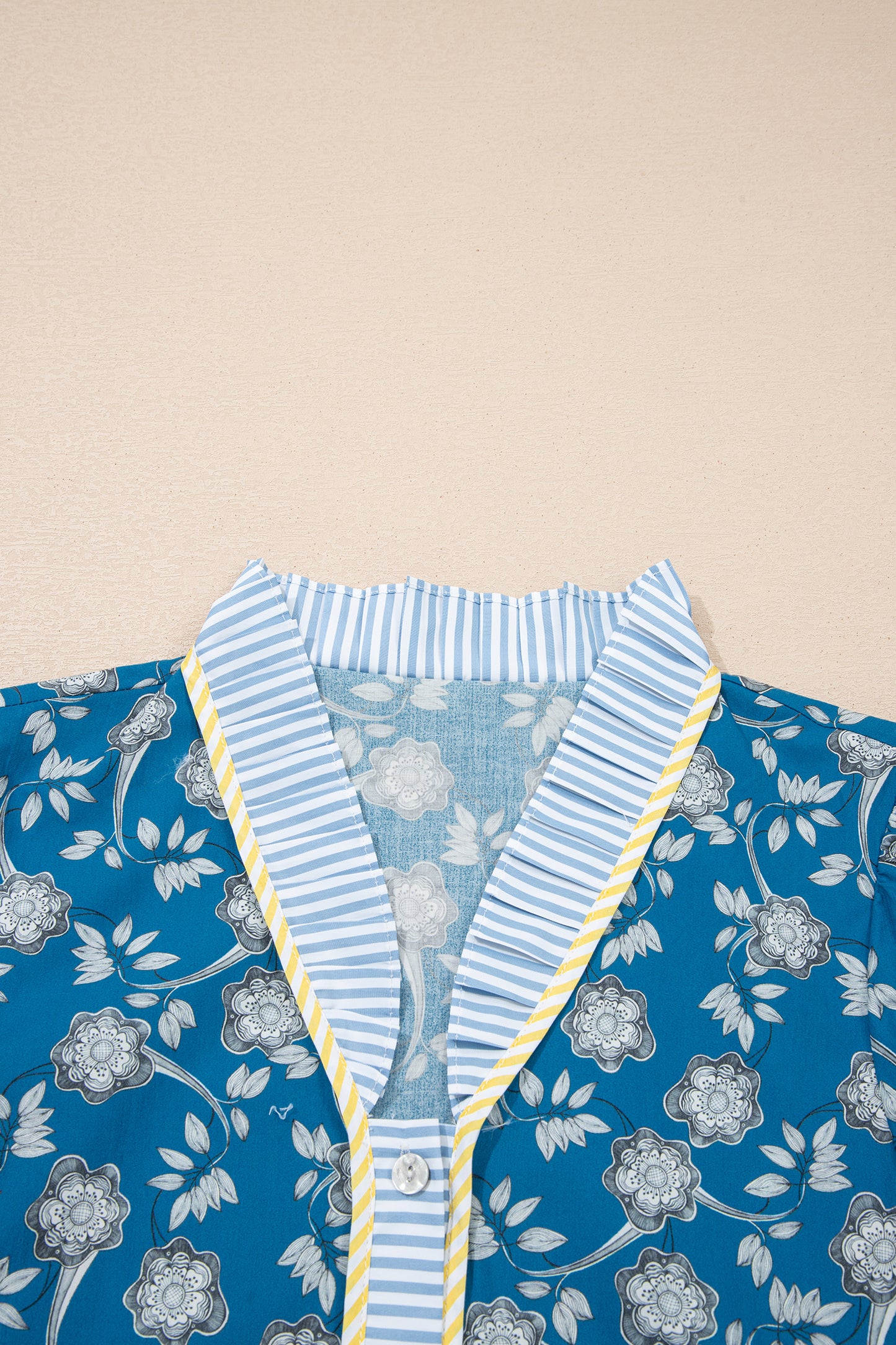 Blue Striped Trim Half Buttons Short Sleeve Floral Dress