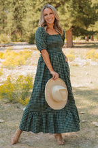 Green Plaid Square Neck Shirred High Waist Ruffle Hem Dress