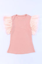 White Dotty Mesh Ruffle Sleeve Ribbed Knit Top