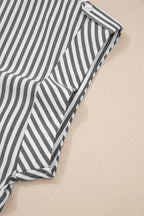Black Stripe Plus Size V Neck Roll-tab Short Dolman Sleeve Blouse
