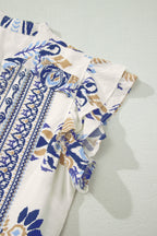 Blue Boho Western Floral Printed Split Neck Ruffled Sleeve Mini Dress