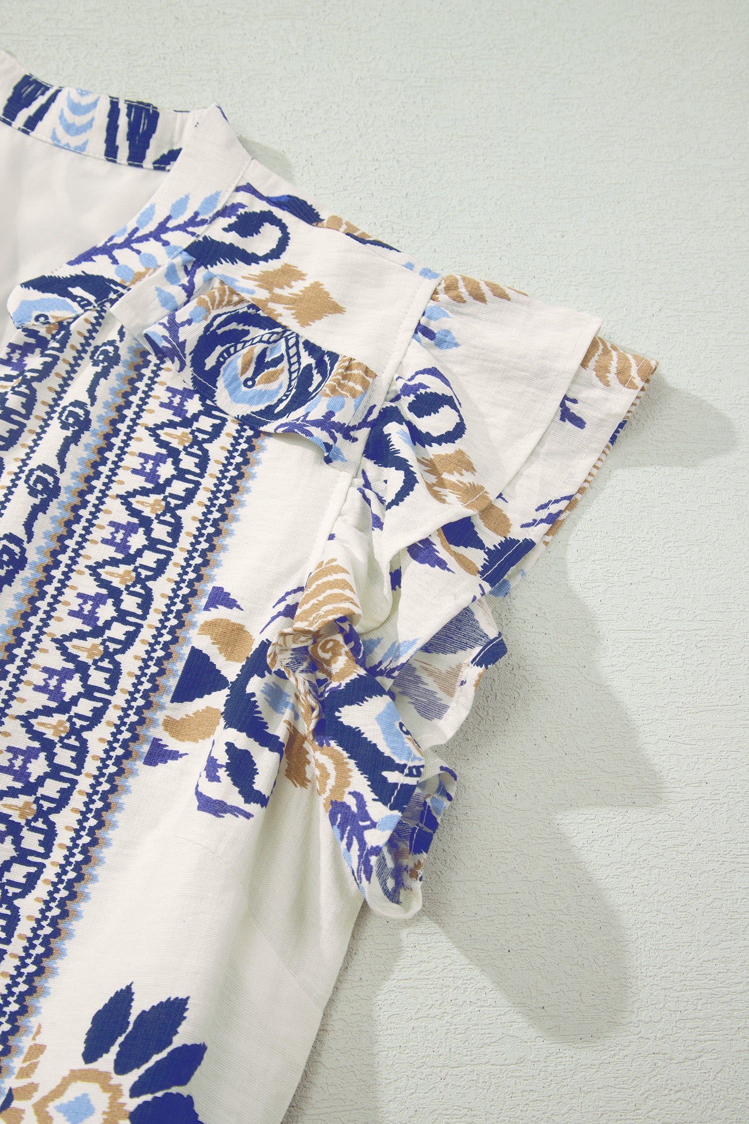Blue Boho Western Floral Printed Split Neck Ruffled Sleeve Mini Dress