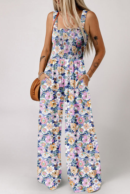 Floral Print Smocked High Waist Square Neck Jumpsuit