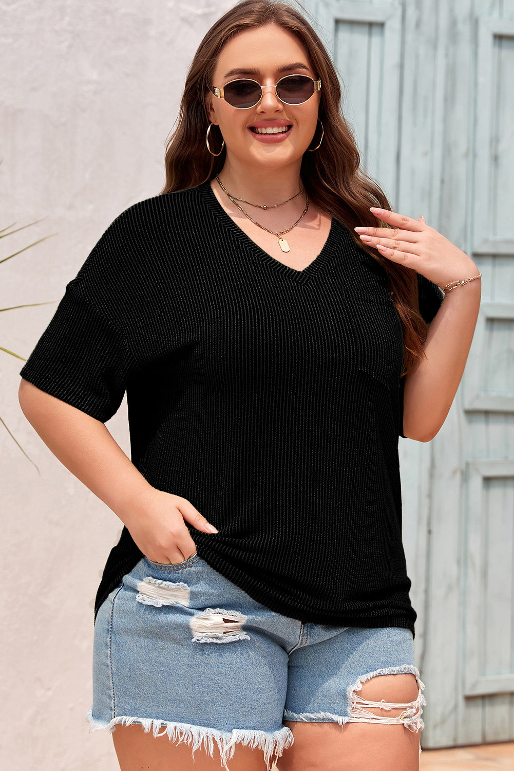 White Textured V-Neck Dropped Shoulder Plus T-Shirt