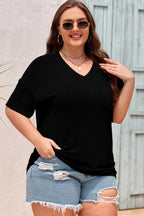 White Textured V-Neck Dropped Shoulder Plus T-Shirt