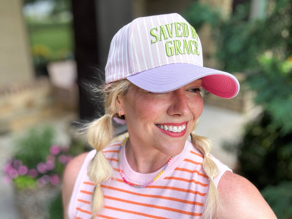 Embroidered Baseball Cap - "Saved by Grace" - Pink + Purple