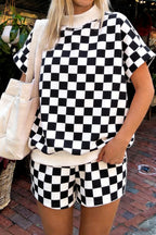 Pink Checkered Print Color Block Trim Mock Neck Short Set