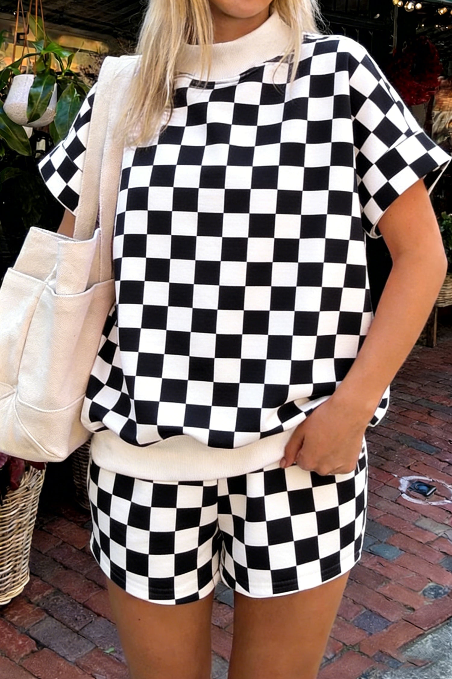 Pink Checkered Print Color Block Trim Mock Neck Short Set