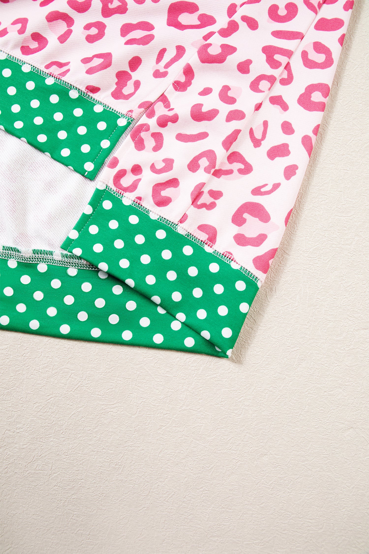 Pink Leopard Polka Dot Colorblock Trim Long Sleeve Top