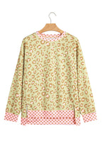 Pink Leopard Polka Dot Colorblock Trim Long Sleeve Top