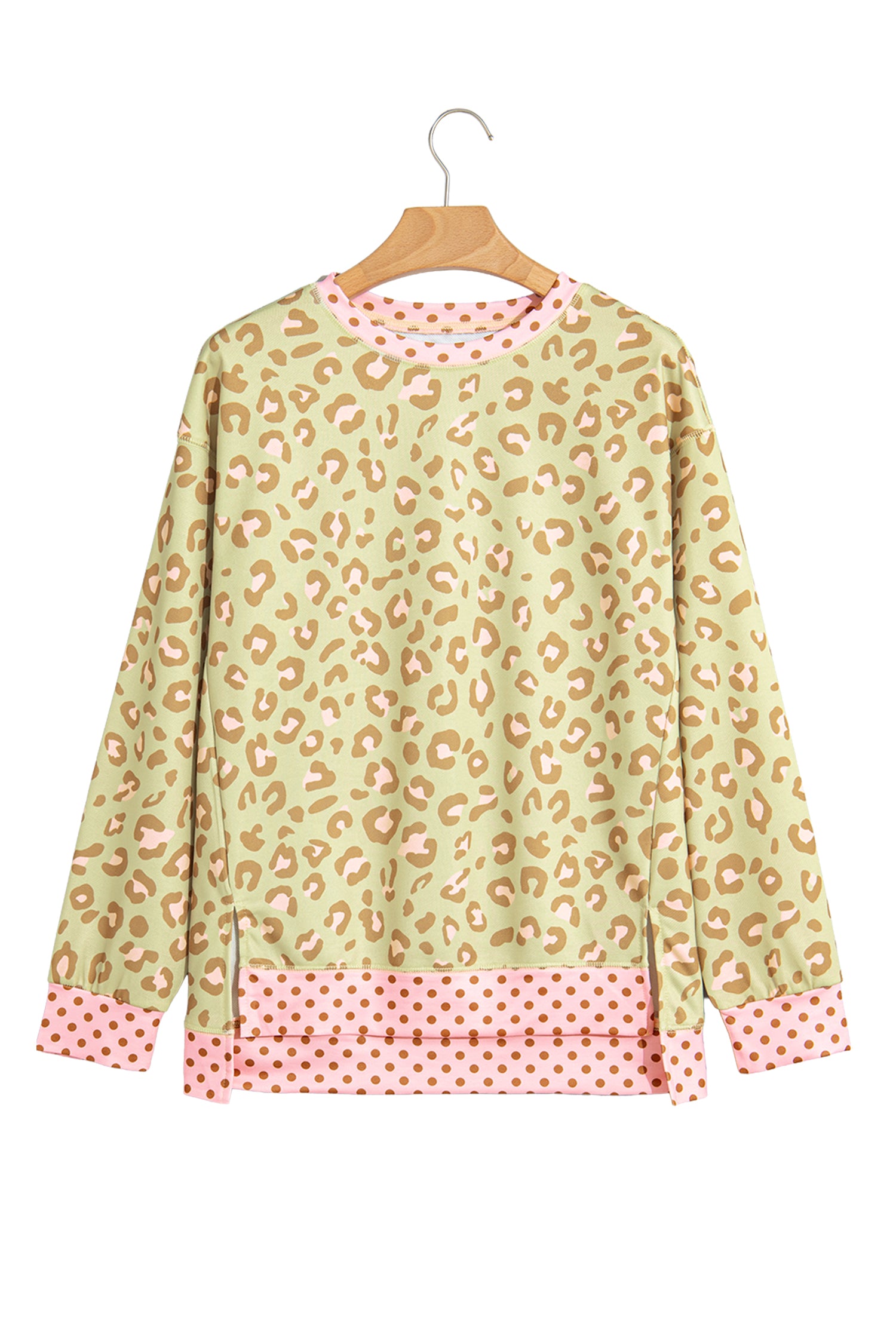 Pink Leopard Polka Dot Colorblock Trim Long Sleeve Top