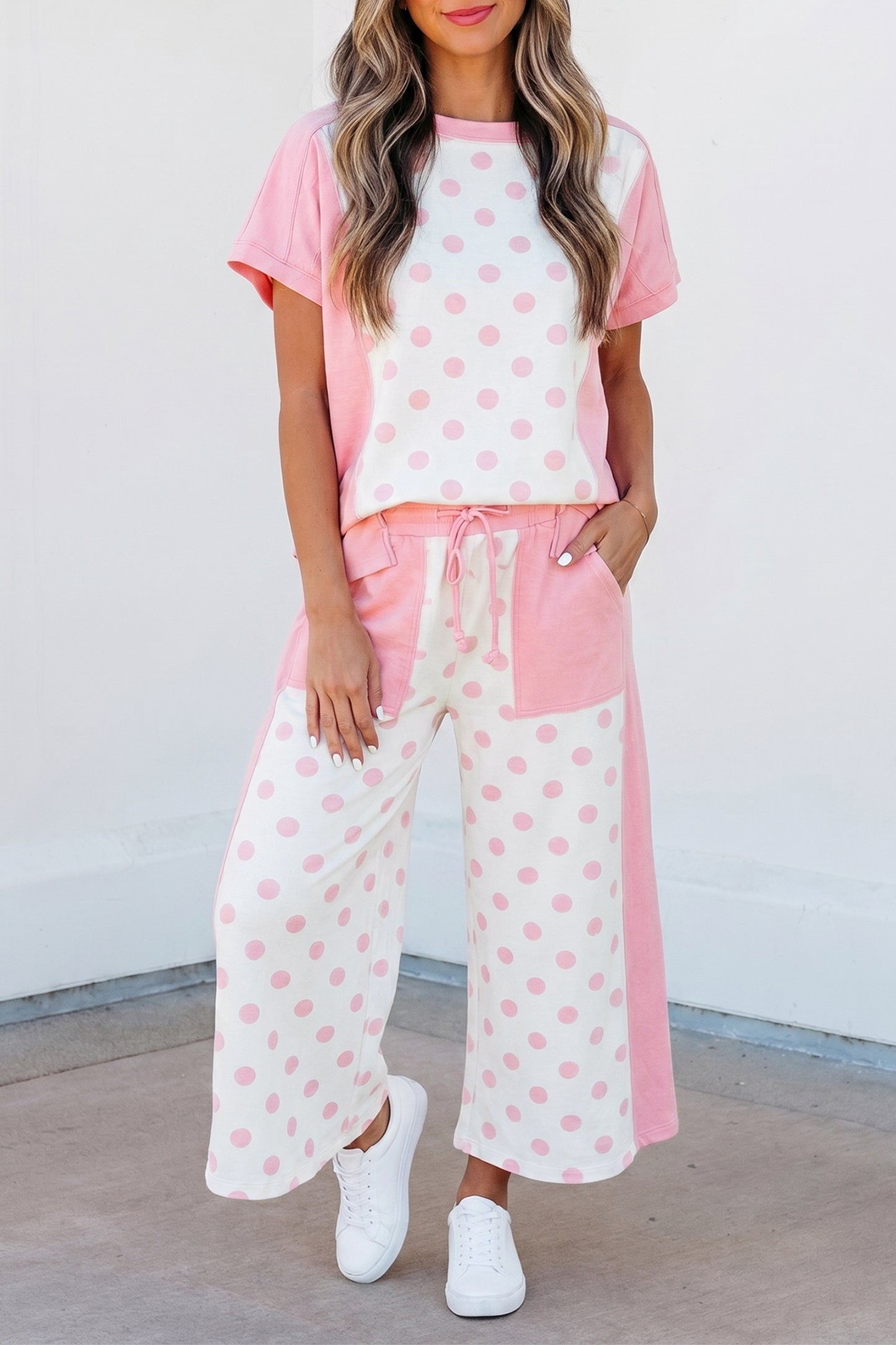 Color Block Patchwork Polka Dot Wide Leg Pant Set