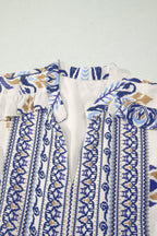 Blue Boho Western Floral Printed Split Neck Ruffled Sleeve Mini Dress