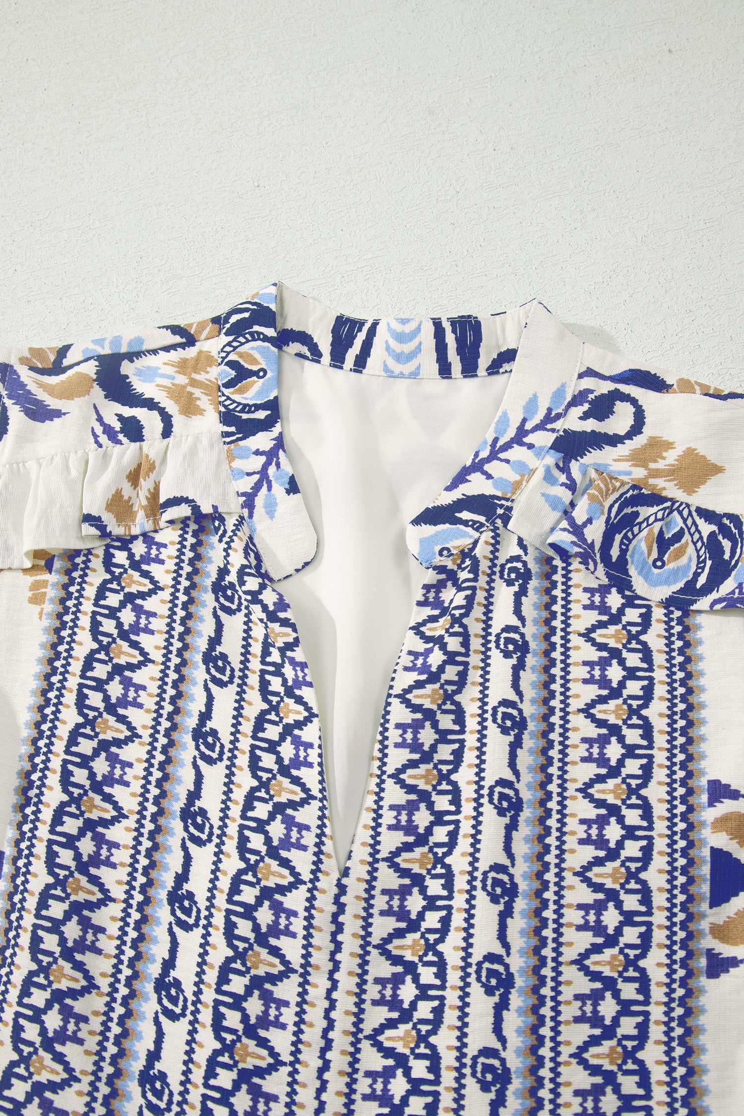 Blue Boho Western Floral Printed Split Neck Ruffled Sleeve Mini Dress