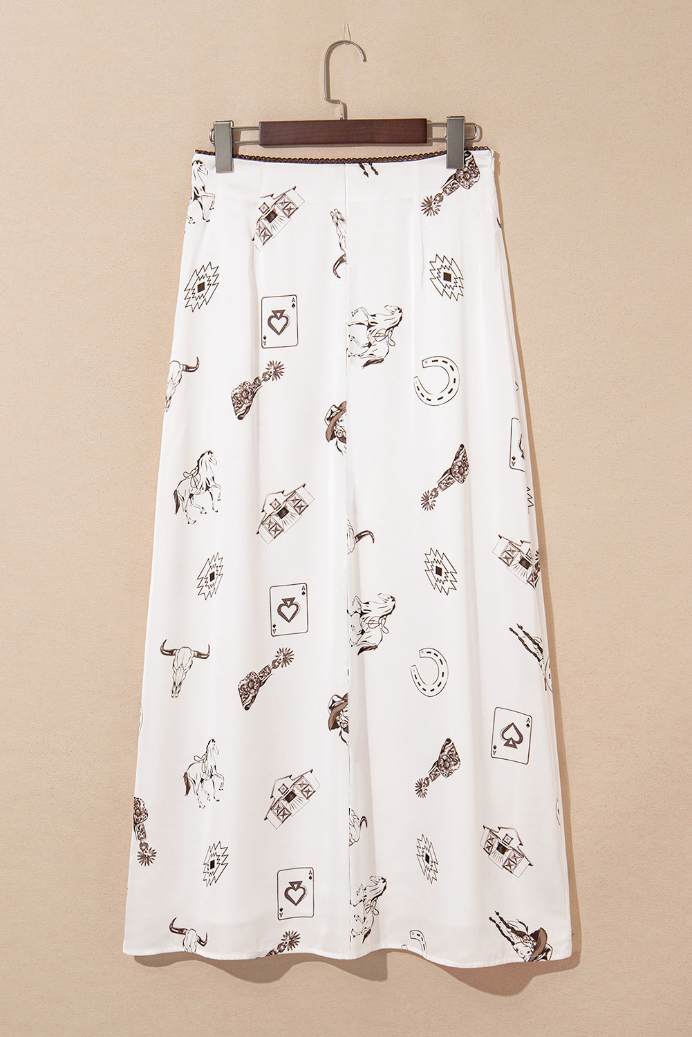 Beige Western Print Lace Trim Waist Side Zip Plus Size Maxi Skirt