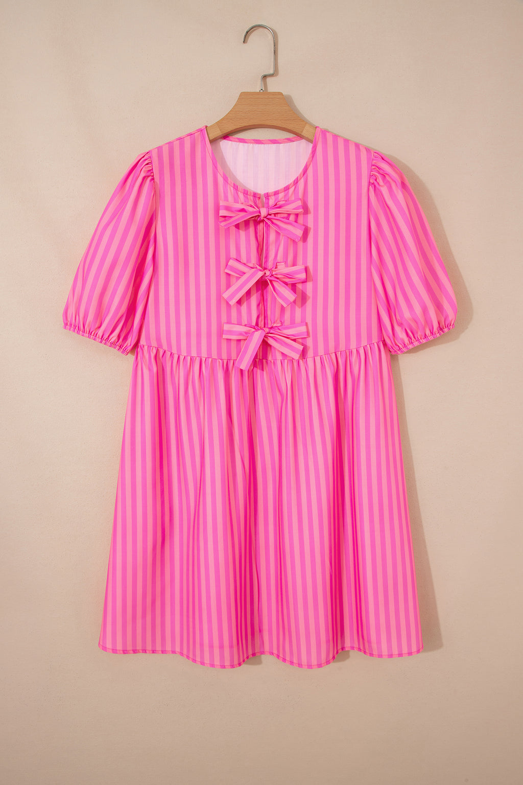 Rose Striped Print Bow Detail Short Puff Sleeve Mini Dress