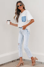 Sail Blue Color Block Chest Pocket Patched Casual Short Sleeve Top