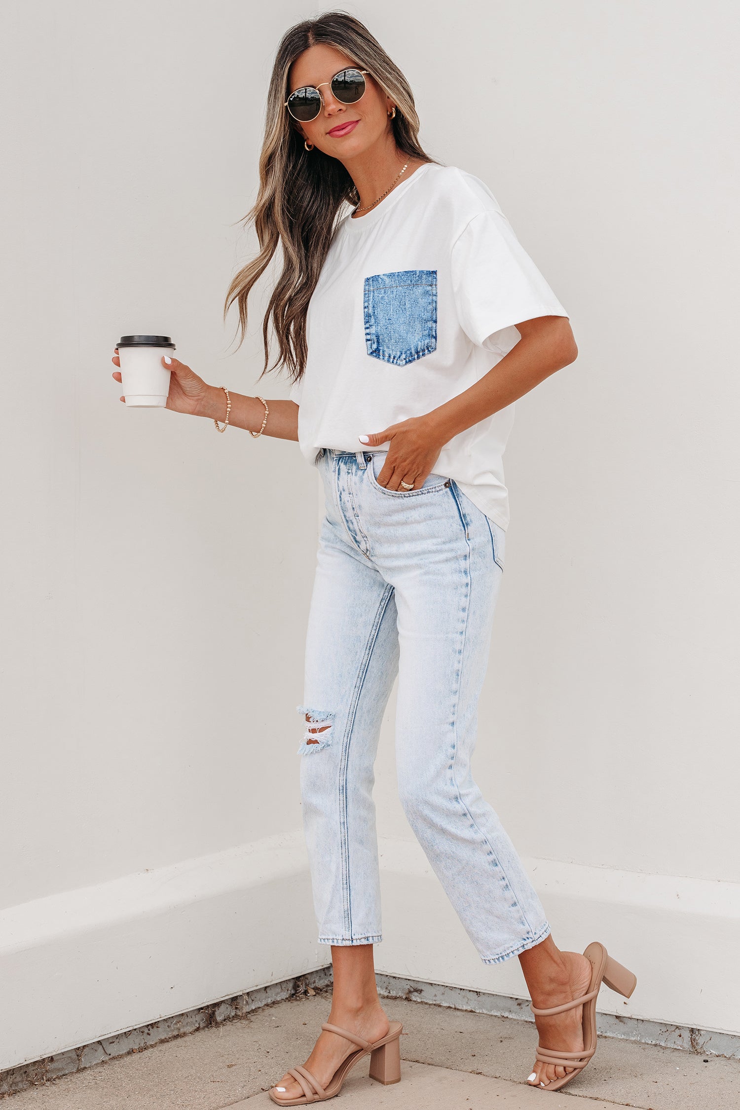 Sail Blue Color Block Chest Pocket Patched Casual Short Sleeve Top