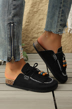 Color black Boho Bow Fringed Faux Suede Slip-on Loafers Square Toe Casual Slippers