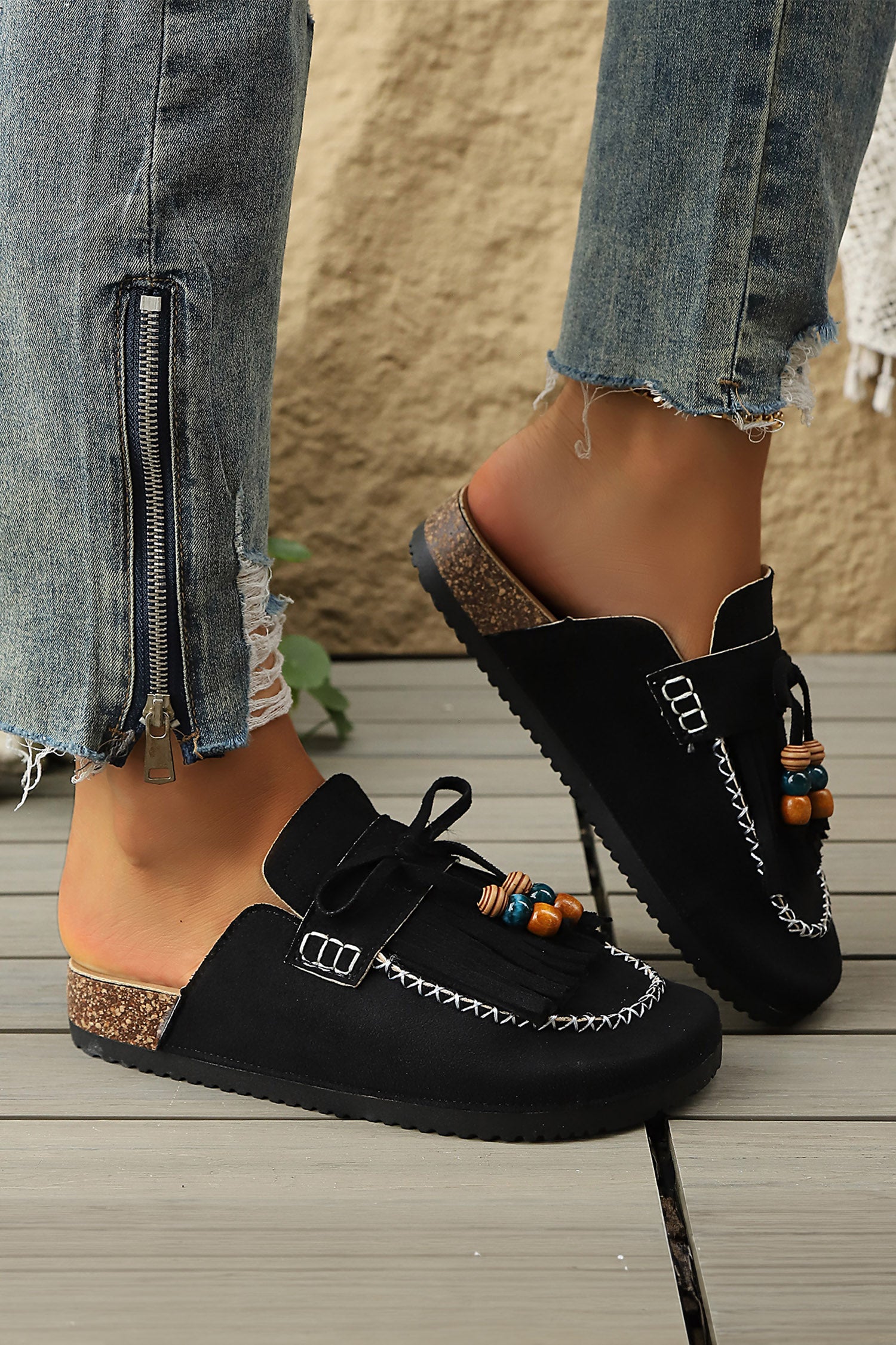 Color black Boho Bow Fringed Faux Suede Slip-on Loafers Square Toe Casual Slippers