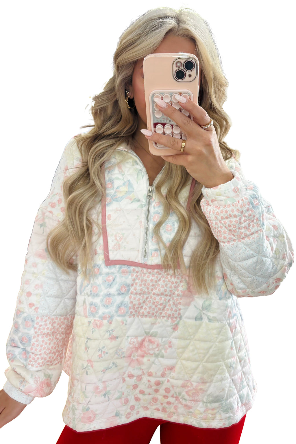 Multicolour Floral Quilted Metal Zipper Collar Long Sleeve Sweatshirt