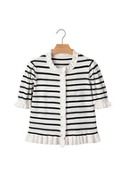 Beige Stripe Ruffle Trim Button Down Knit Short Sleeve Sweater Cardigan